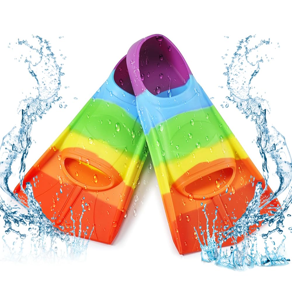 NAVESO Pinne Bambino, Pinne Snorkeling Bambino, Pinne Corte, Pinnette Nuoto Piscina Corte In Silicone, Pinne Da Allenamento Per Il Nuoto( XXS, Arcobaleno)