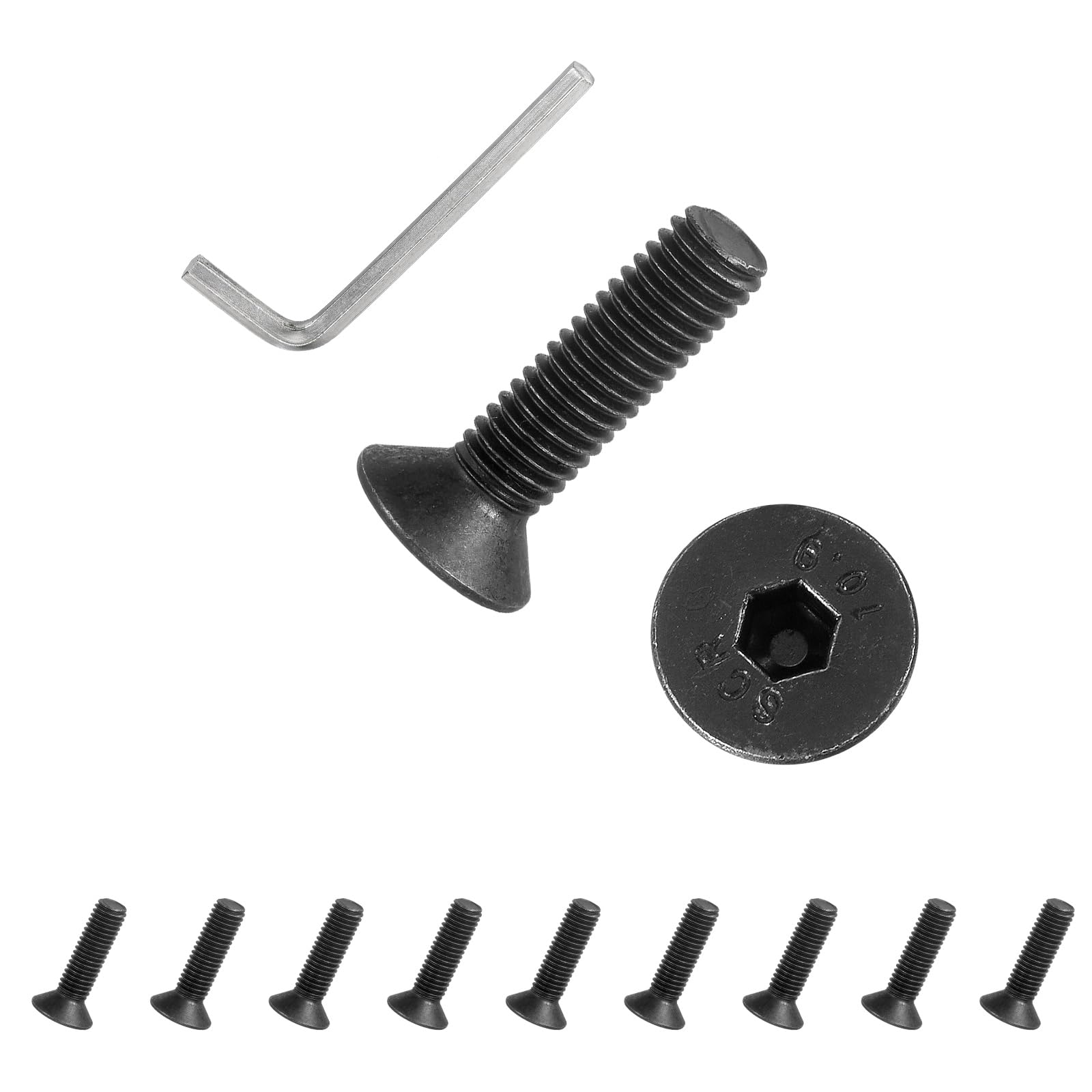 PATIKIL M8x30 mm Flat Head Socket Cap Screws, 10 Pcs Carbon Steel Flat Countersunk Bolts Hex Socket Drive Machine Screws Full Thread Grade 10.9 with Hex Spanner, Black