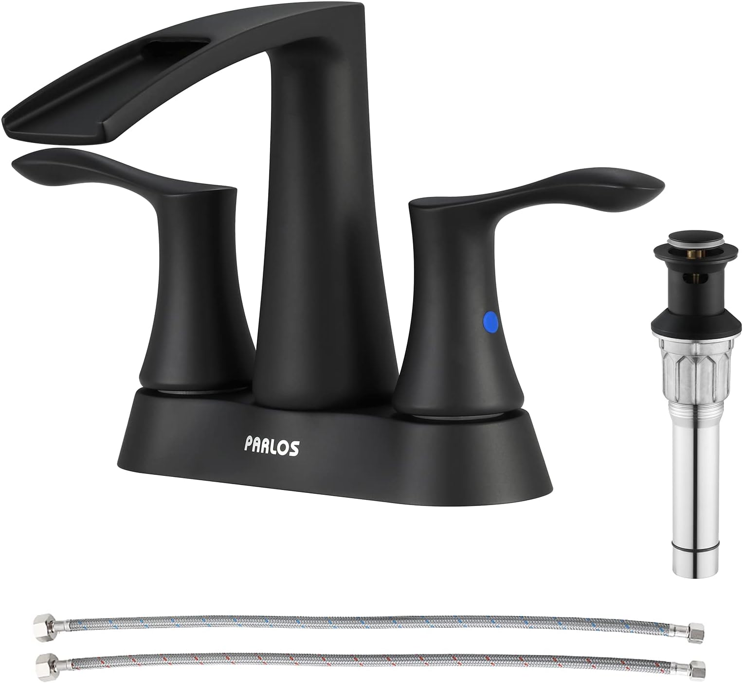 PARLOS 2 Handles Waterfall Bathroom Faucet with Pop-up Drain and Faucet Supply Lines, Matte Black, Demeter 1431704