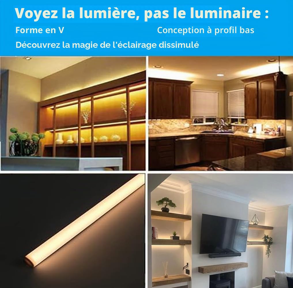 Cefrank Lot de 8 bandes lumineuses LED coupables en forme de V de 30 cm pour armoire de cuisine, vitrine, étagère, 16 W, 1600 lm, blanc chaud (3000 K)