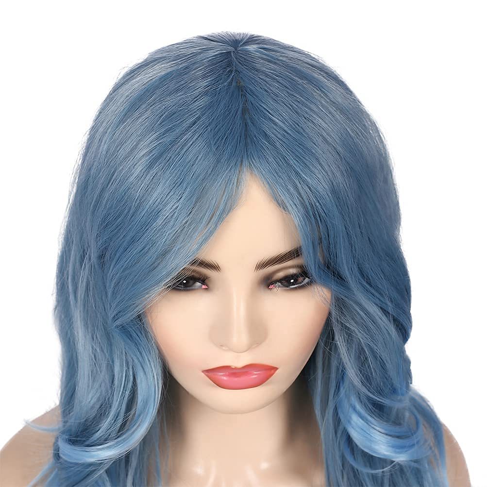 Blue Wig for Women Long Curly Wavy Pastel Blue Wig Side Part Synthetic Halloween Cosplay Wig with Wig Cap