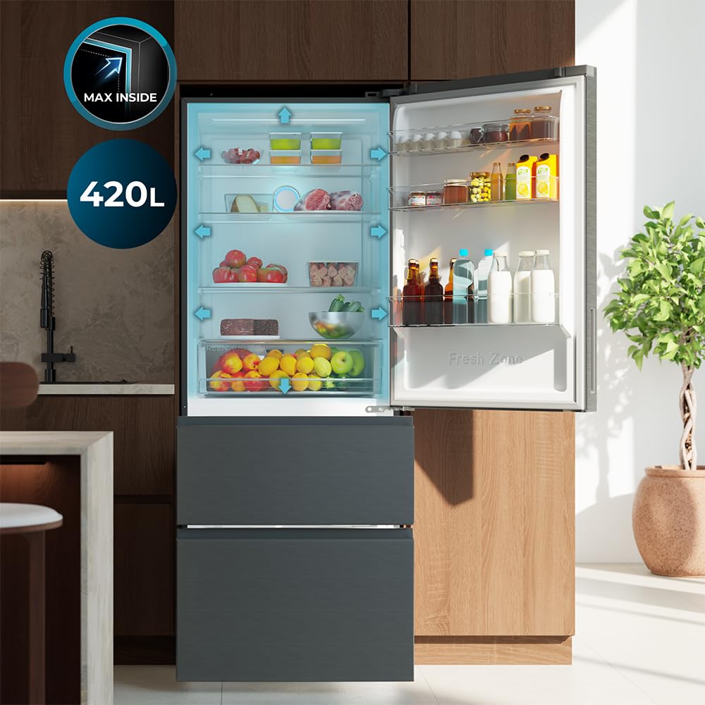 Cecotec Frigorífico Puerta Francesa Total No Frost Bolero CoolMarket FD 420 Dark E, Extra Capacidad Max 420L, Alto 186 cm y 70 cm Ancho, Compresor Inverter, ATT Antibacterias