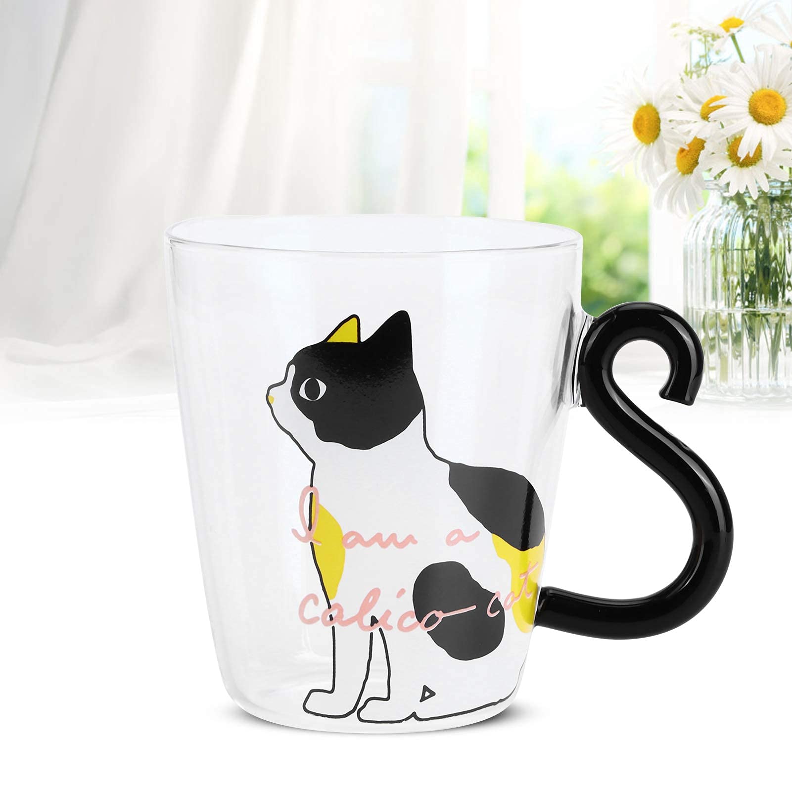 2 tazas de cristal con forma de gato, 300 ml, taza de café de vidrio de borosilicato alto, taza de leche de cristal, vaso transparente para bebidas de jugo de té (gato blanco)