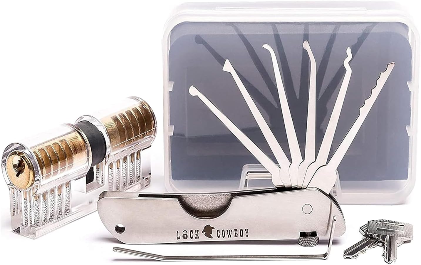 7-Pieces Lock Picking Set with Transparent 2-in-1 Training Lock by LockCowboy. Cool Gadgets For Men and a Bonus EGuides for Beginner and Pro Locksmiths