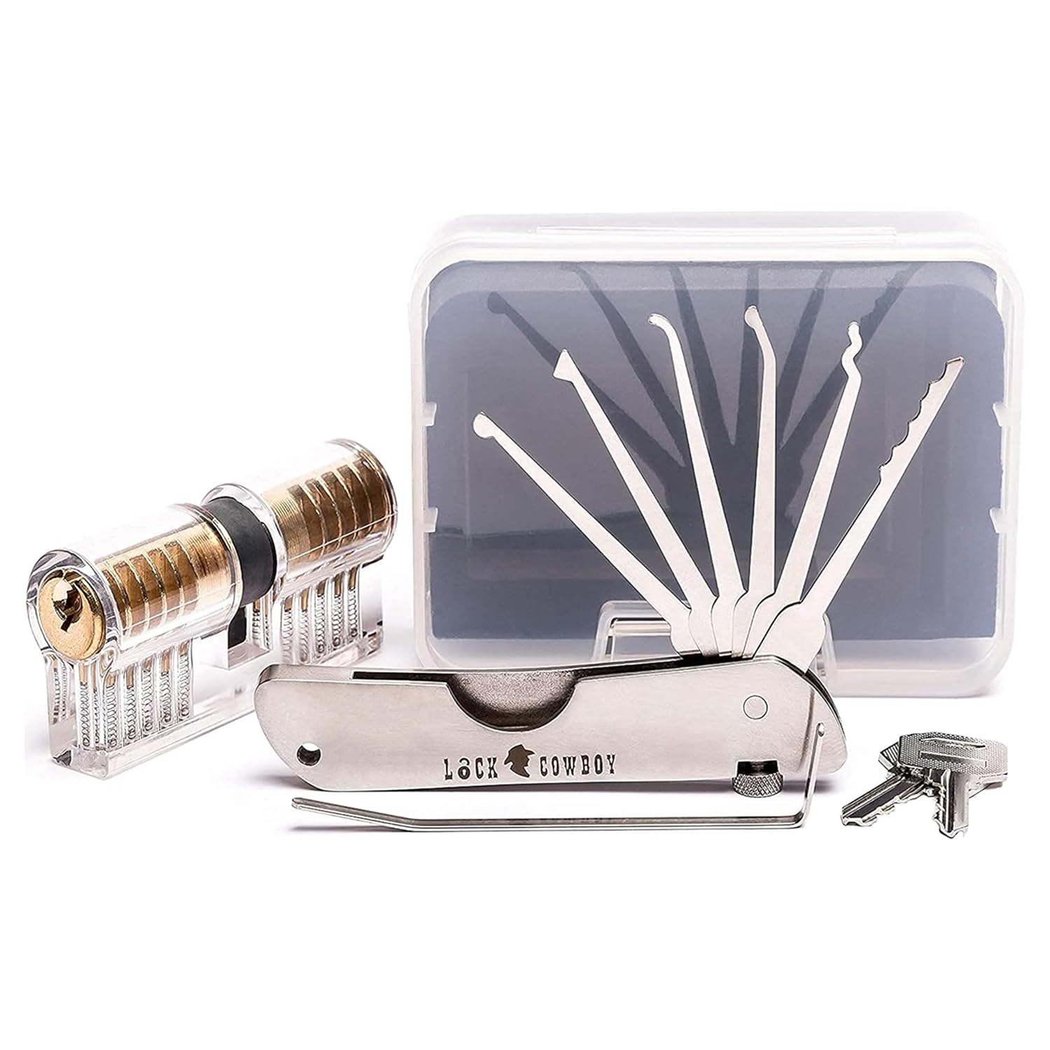 7-Pieces Lock Picking Set with Transparent 2-in-1 Training Lock by LockCowboy. Cool Gadgets For Men and a Bonus EGuides for Beginner and Pro Locksmiths