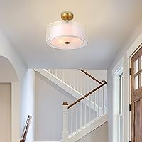 Vista 3 de XiNBEi Lighting XB-SF1194-GB XB-SF1194-GB - Lámpara de techo semiempotrada de 16 pulgadas con pantalla de tela, acabado de latón dorado