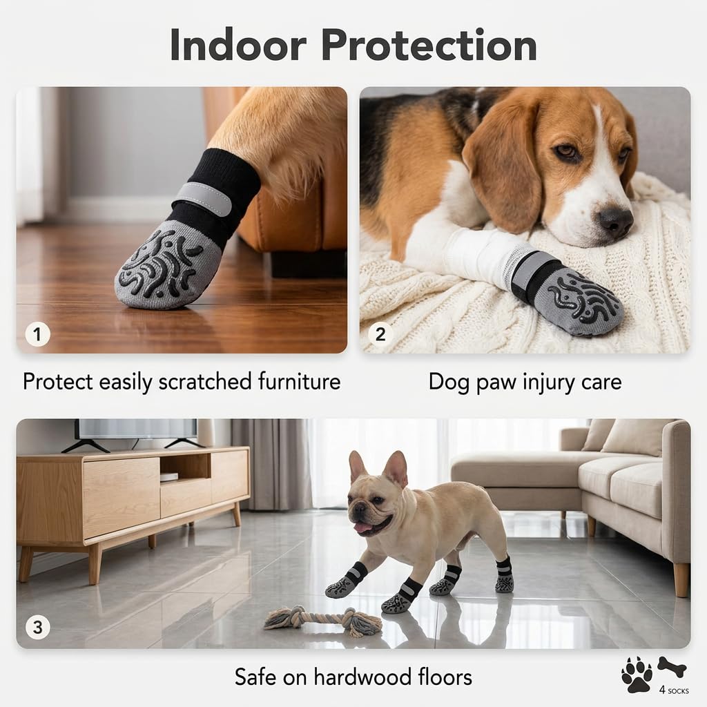 Chaussettes Antidérapantes pour Chien 2 Paires, Protège-Pattes Réglables avec Motifs en Silicone, Confortables et Élastiques pour Petits Chiens et Chats, Protection Sol et Mobilité