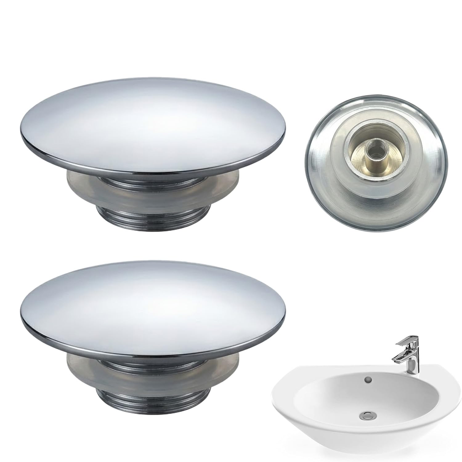 2 Pcs Pop Up Sink Plug Replacement, Chrome Click Clack Waste Plug 66mm Push Fit Basin Stopper For Bathroom Sink Drain, Universal Pop Up Sink Waste Replacement
