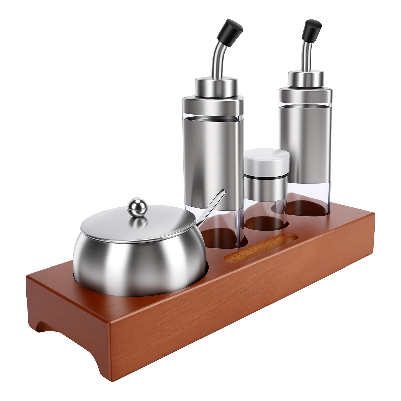 AMONIDA Gewürzspender-Set aus Edelstahl mit Stilvollem Holzsockel für Küchenutensilien, 5-teiliges Salz-Zucker-Öl-Essig-Set