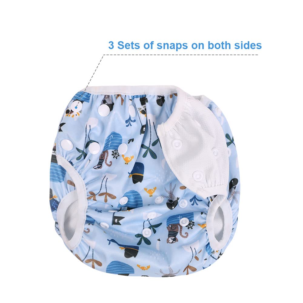 Vicloon Pannolino da Nuoto, 2PCS Pannolini Lavabili Pannolini da Nuoto, Costume Piscina Regolabile Riutilizzabile Costumi per Bambini, Impermeabile Pannolino Piscina, Nave Pirata e Onde, 0-3 Anni