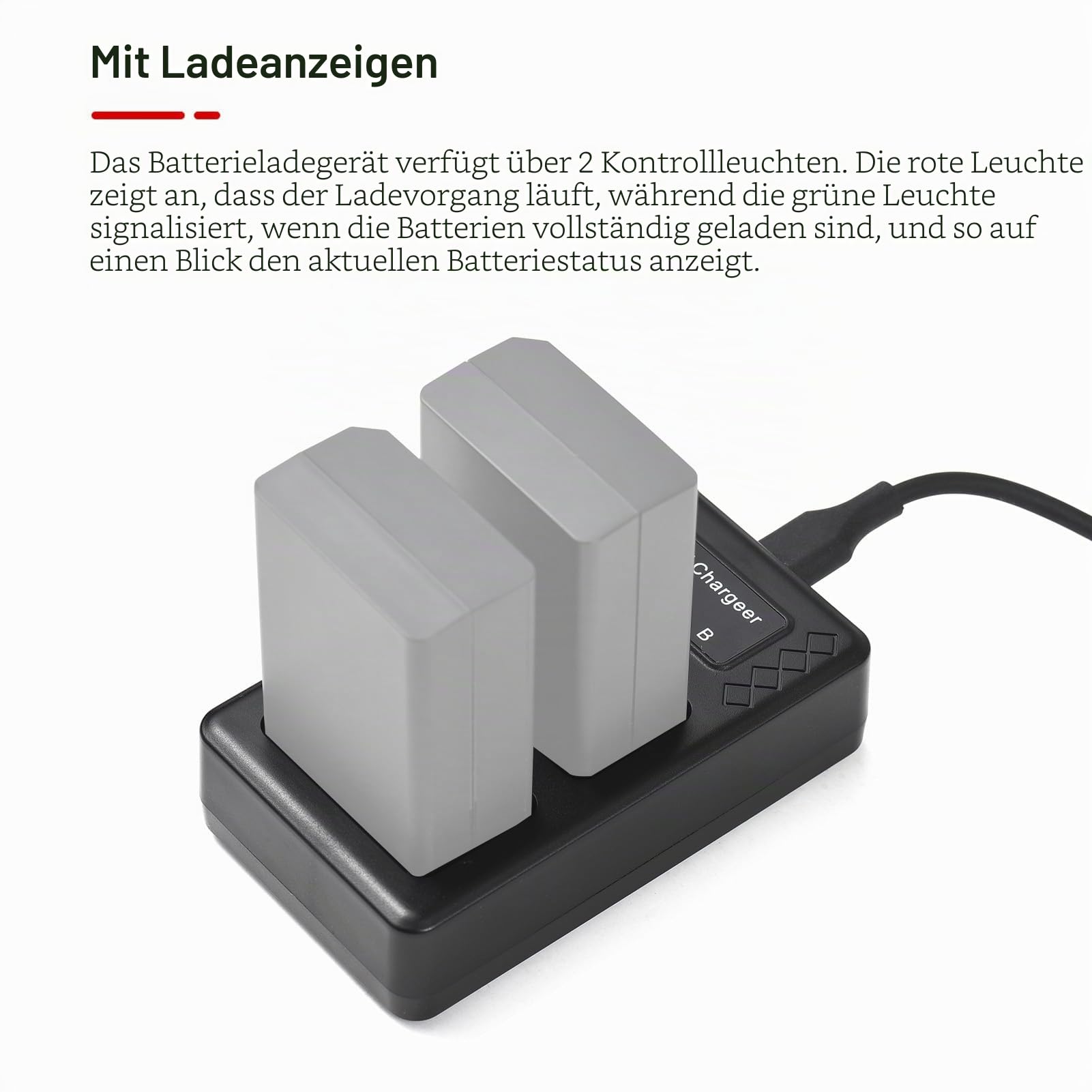 Tragbares 2-Schlitz-Akkuladegerät für Godox-Blitzakku mit 2 Kontrollleuchten für Godox V1/ V860III Blitz-Speedlite-Akkus VB26A/VB26B/VB30