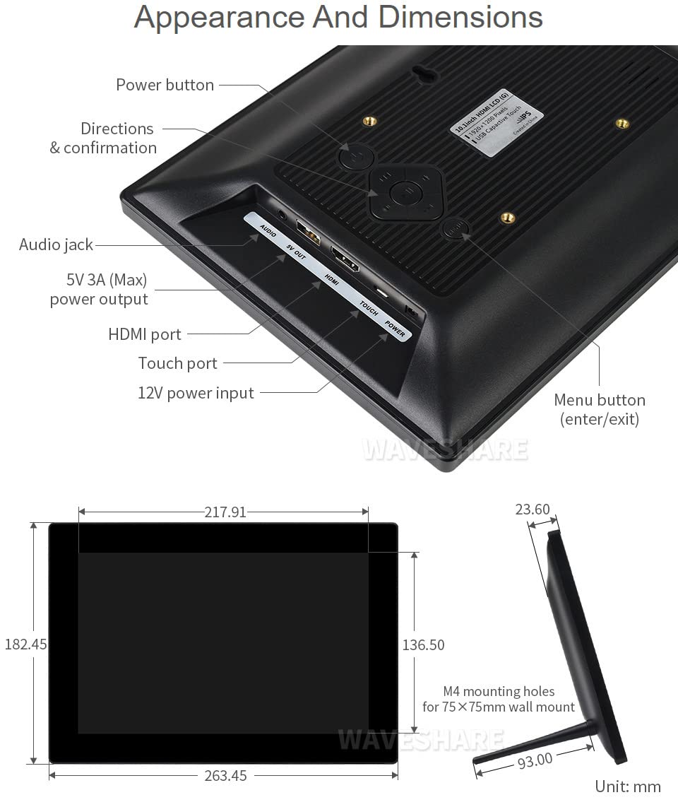 Waveshare 10.1inch HD Capacitive Touch Screen LCD (G) with 1920×1200 Resolution HDMI IPS Display, 10-Points Touch Fully Laminated Screen 160°Viewing Angle, Supports Raspberry Pi/Jetson Nano/PC