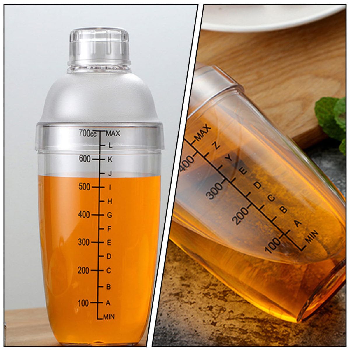 BESPORTBLE Shaker à Cocktail en Plastique 5 Pièces avec Graduation, Couvercle Étanche, Capacité 350-1000 Ml, Mélangeur Professionnel pour Bar et Maison, Ustensile Cocktail Pratique