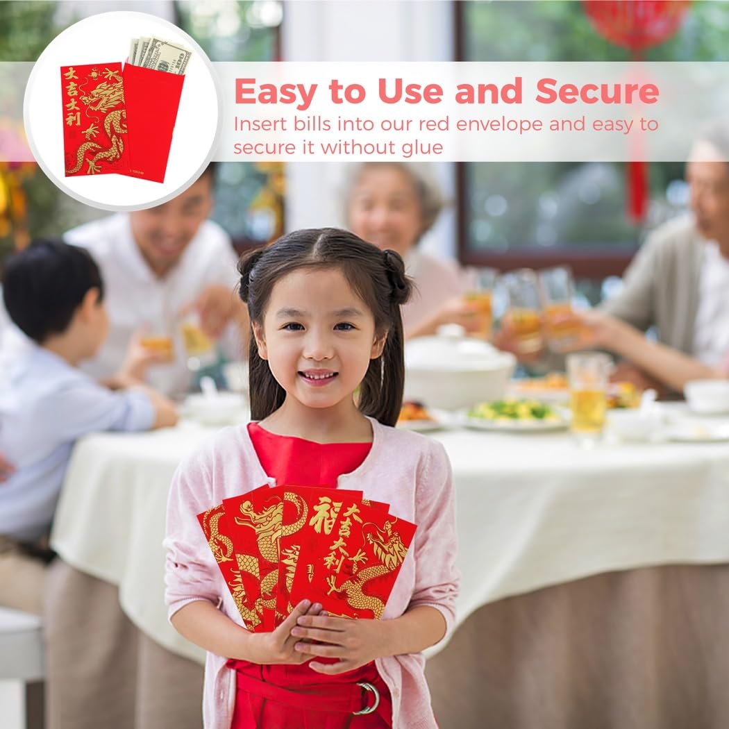 36 Stk. chinesische rote Umschläge, Lunar New Year Geldumschläge 2024, Lucky Money Envelopes mit Goldprägung, 3D-Segenssprüchen und Drachenmotiven, 6,7 x 3,5 Zoll, Frühlingsfest