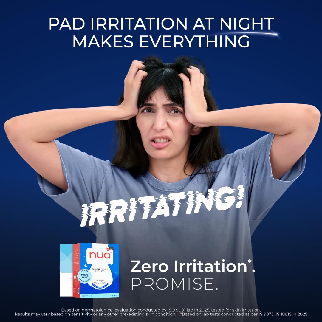 Nua All Night Comfort Sanitary Pads | Pack of 10 (XL++ 320mm) | Twin Layer Protection | 50% Wider Back and Anti Stain Wings | Upto 10 Hours of Absorption | Super Soft and Breathable | No Rashes | 100% Toxic-Free 1