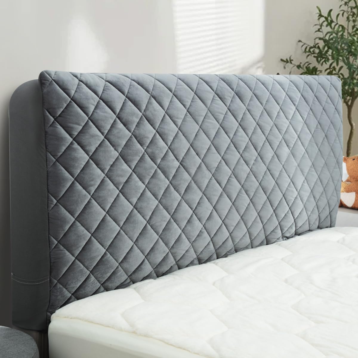 Samt Bettkopfteil Bezug & Betthussen Set – All-in-One Design, elastische & wattierte Staubschutz-Hülle als dekorative Abdeckung für gepolsterte Kopfteile, waschbar in Grau (ca. 200x70 cm)