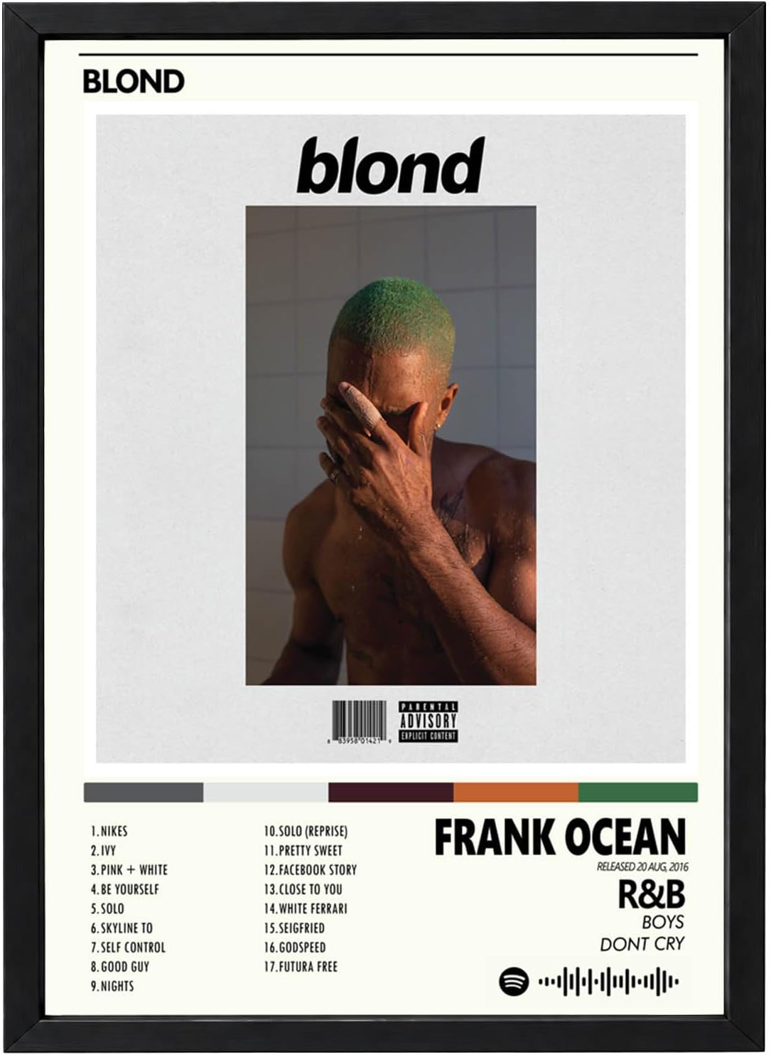 Frank Ocean Blond Album Cover Poster | 8x12 Inch (A4) Framed Wall Art with Spotify Song QR Code | Room Decor & Gift for Music Fans | Aesthetic Bedroom Print