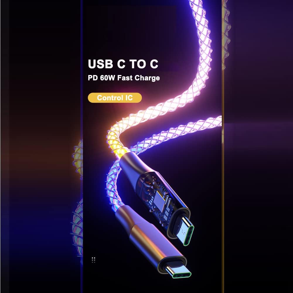 IHAO USB Type C to Type C PD 66W Fast Charging Cable - 39 Inches, High Data Speed, Visible RGB Current Flowing for All USB C Devices - Image 6