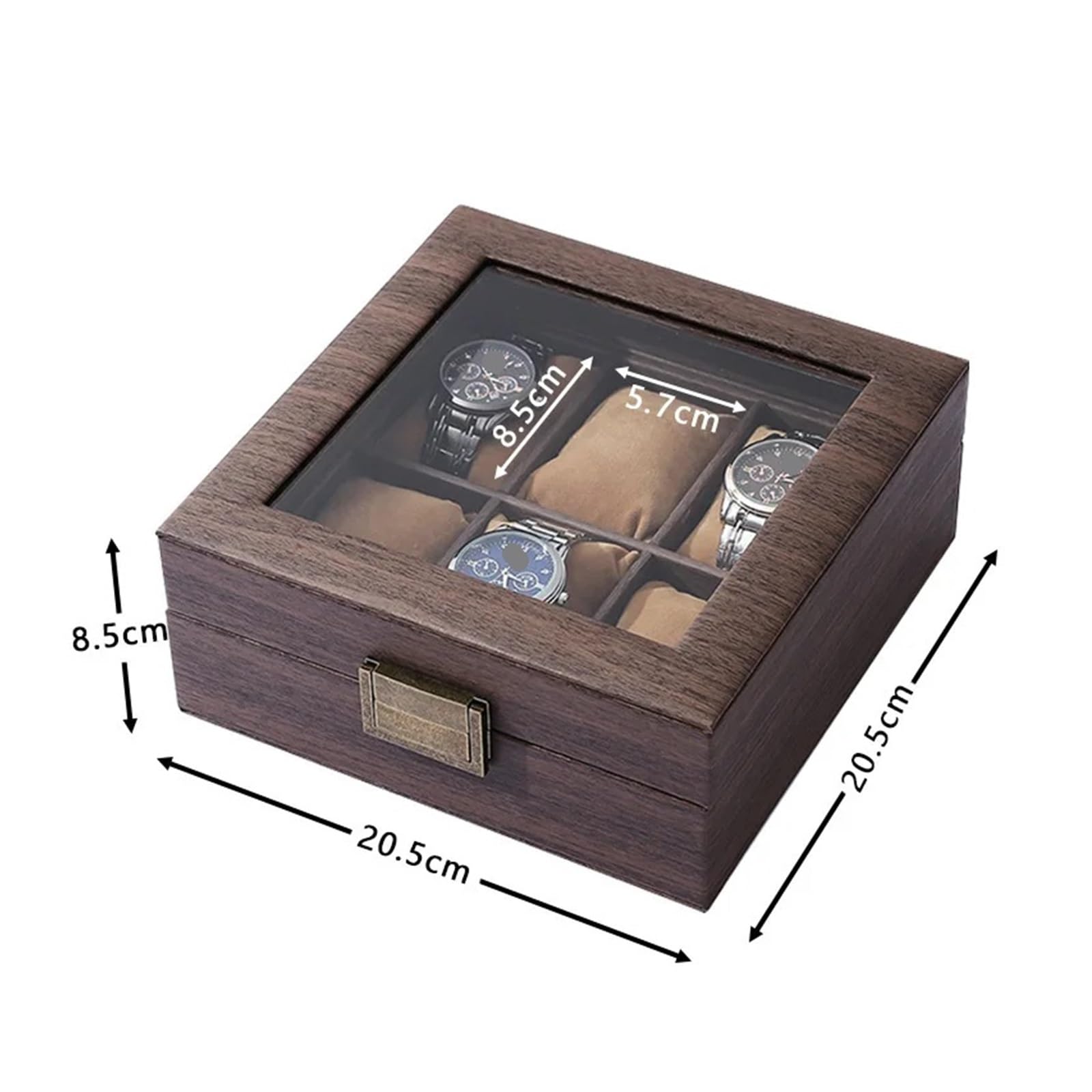 Holzmaserung PU-Leder Quadratische 6-Bit-Uhrenaufbewahrungssammlungs-Displaybox Uhrenschmuck-Aufbewahrungsbox Herren-Schmuckschatulle zur Aufbewahrung von Uhren