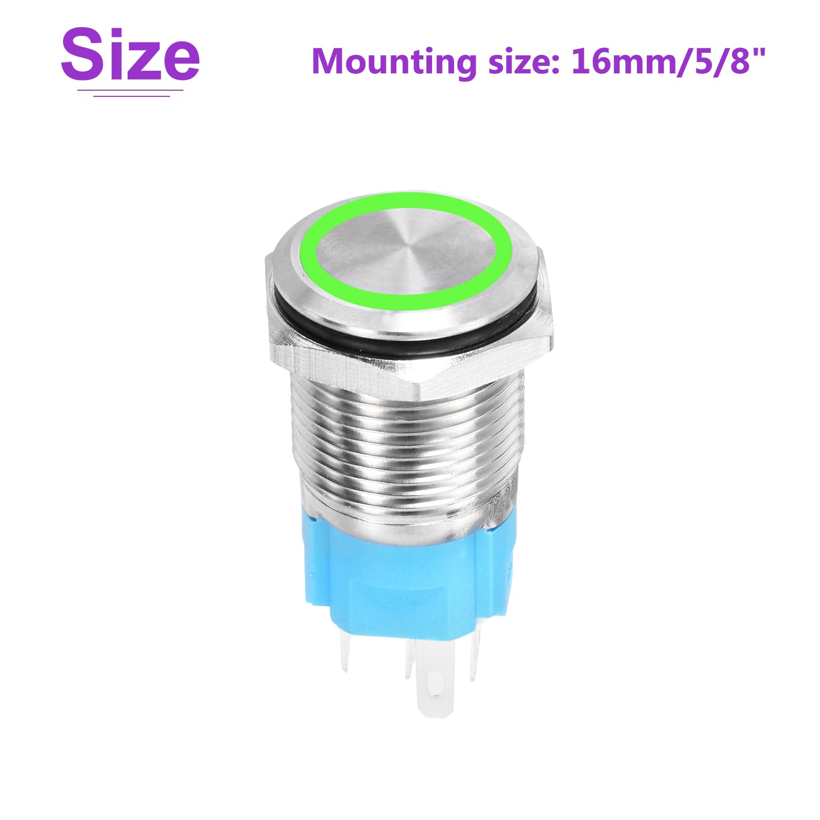DMiotech 16mm / 5/8" Stainless Steel Momentary Push Button Switch Flat Head 5A 12-24V Silver Shell with Welding Foot Green LED 1NO1NC for Car Boat Systems Custom Setups - Image 4