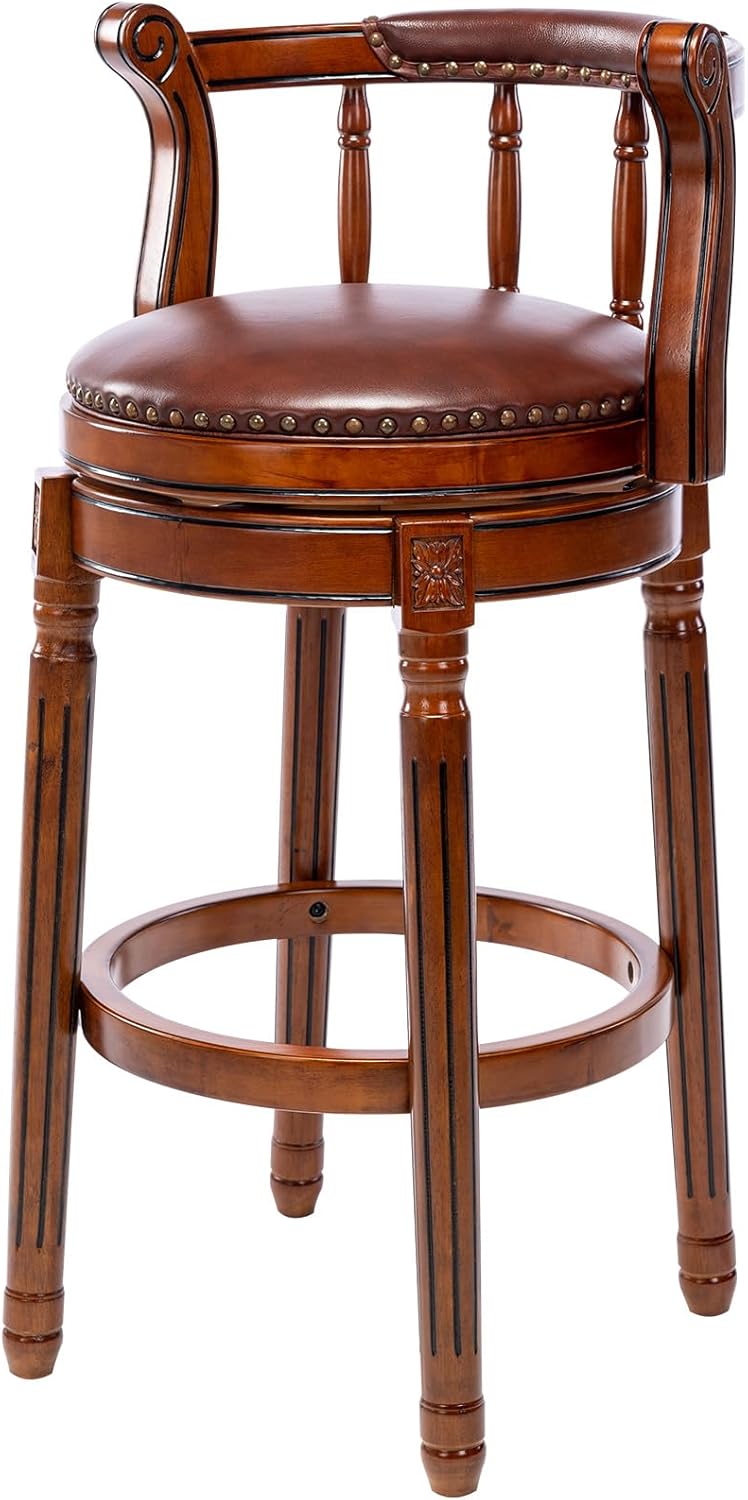 Bar Stools Counter Height 29.5'' Cow Top Leather Wooden Bar Stools 360 Degree Swivel Bar Chairs with Backs Solid Wood Legs for Dining Room Pub Kitchen Brown