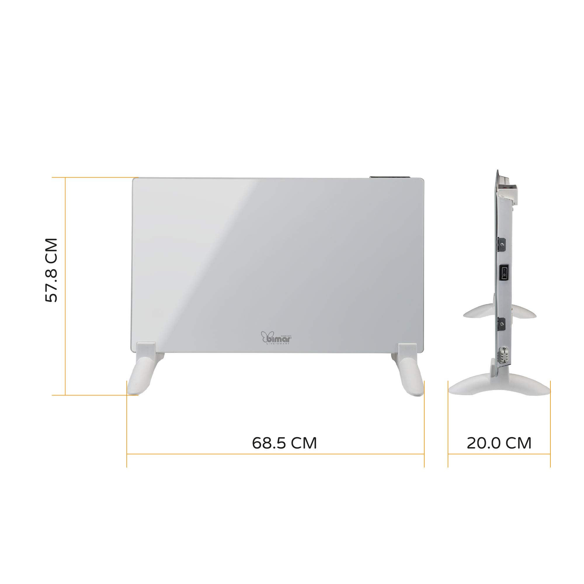 Bimar HC508 Termoconvettore a Muro o Pavimento, Riscaldatore Convezione Naturale, Corpo Metallo e Pannello Frontale in Vetro, Stufa Elettrica da Parete, Protezione IP24 (Spruzzi Acqua)