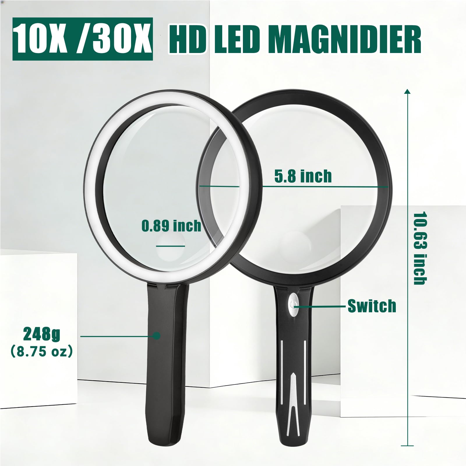10-fache große Lupe mit Licht, 14,7 cm mit 28 LEDs, Handlupe, 1500 mAh, wiederaufladbar, mit dreifarbigen Modi und Power-Anzeige, beleuchtete Lupe für Senioren, Lesen, Naharbeit