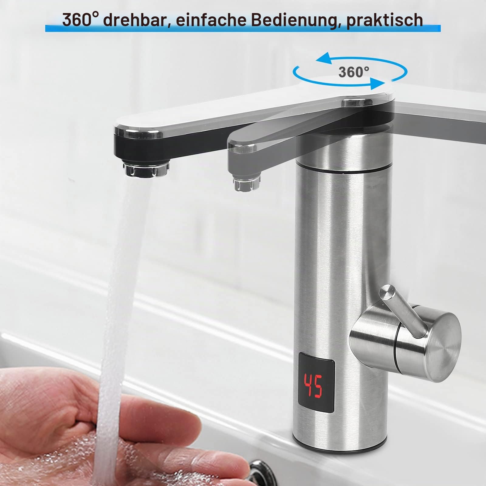 Elektrischer Wasserhahn für sofortiges heißes Wasser, 3 kW, elektrischer Wasserhahn für die Küche mit Digitalanzeige, 360 ° drehbar, Mischbatterie für Warmwasserbereiter aus Edelstahl
