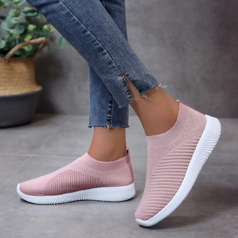 Womens Walking Shoes Mesh Casual Fashion Slip-on Lightweight Breathable Sock Shoes Non-Slip Hiking Sneakers Pink 9-9.5