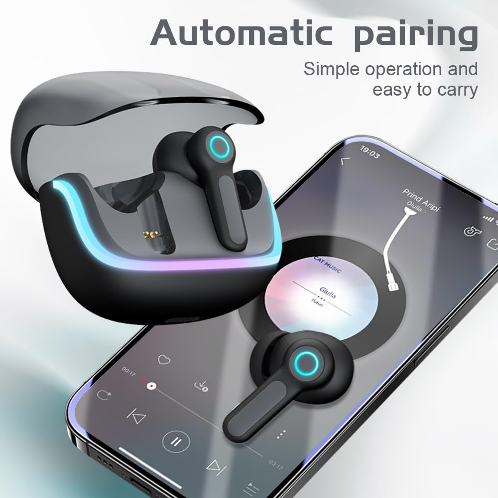 G07 - Auricolari wireless con luce LED RGB da gioco, 40 ms, bassa latenza, doppia modalità di gioco e musica, cuffie wireless con 40 ore di lavoro IPX5 impermeabili (nero)
