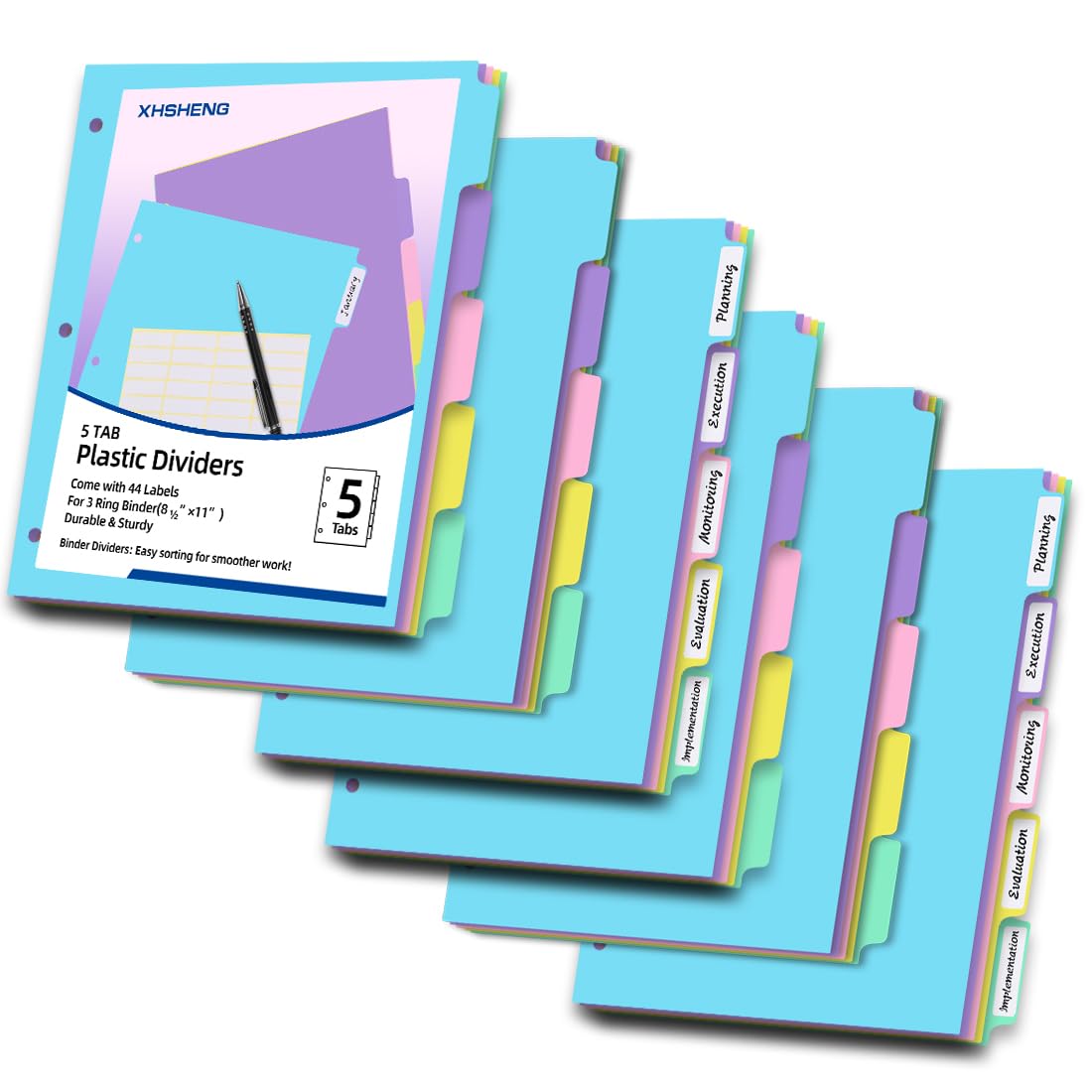 5 Tab Binder Dividers with Tabs,for 3 Ring Binder,Plastic File Dividers, Pastel Color,Letter Size,6 Sets