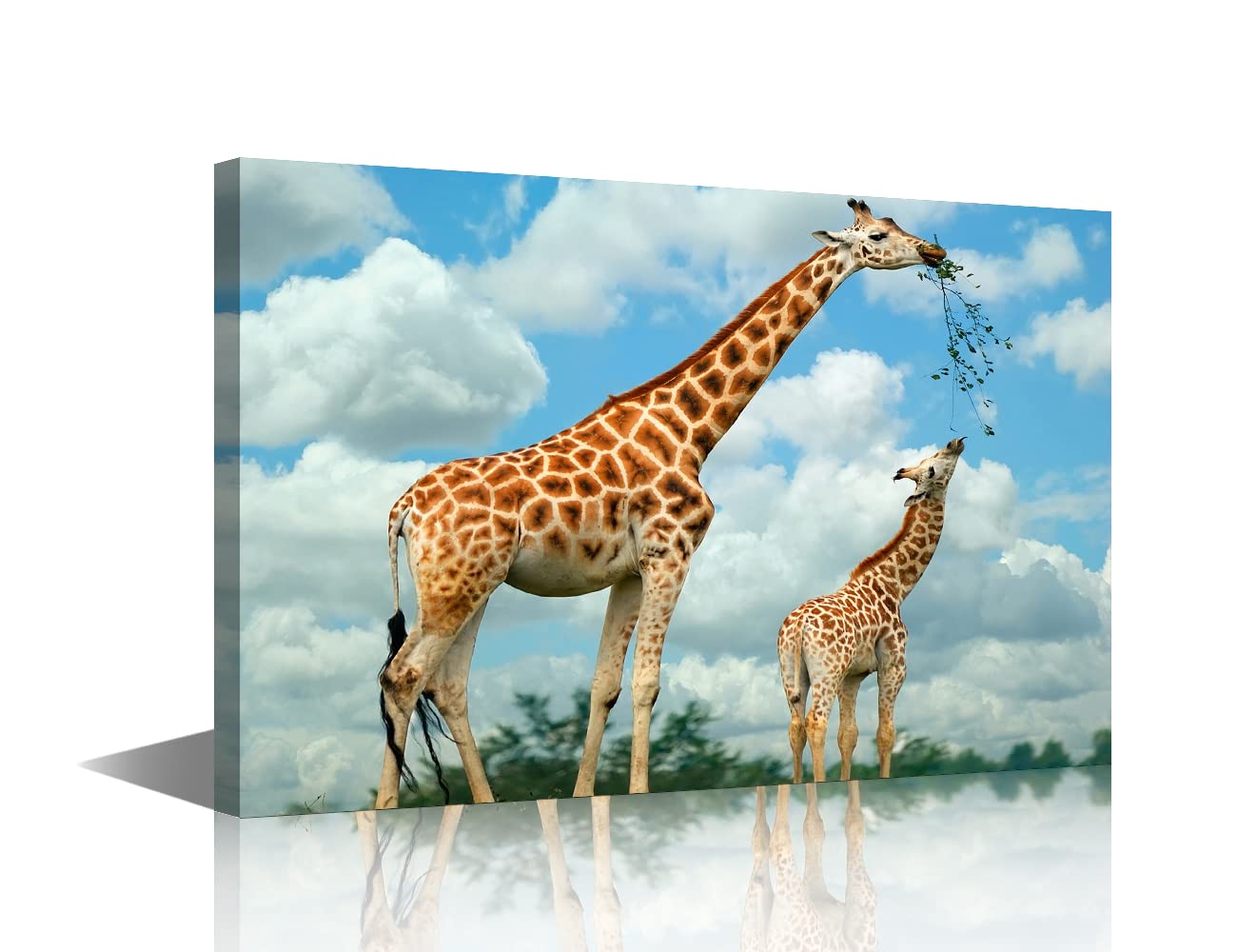 Canvas Wall Art Animals Painting for Interior Bathroom Wall Décor Giraffe Mother and Child for Living Room Dining Room Decorations Framed Ready to Hang Small Size 12x18inch (30x45cm)