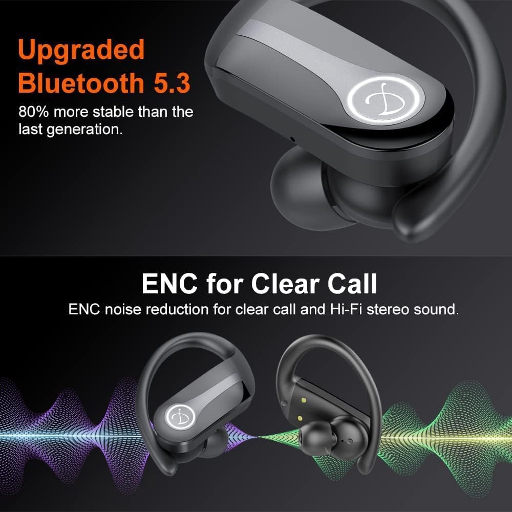 Btootos Cuffie Bluetooth Sport, Auricolari Bluetooth 5.3 con Mic Stereo Cuffie Senza Fili con Ricarica Rapida USB-C, Cuffiette Bluetooth Doppio Display LED, Cuffie Wireless, Nero