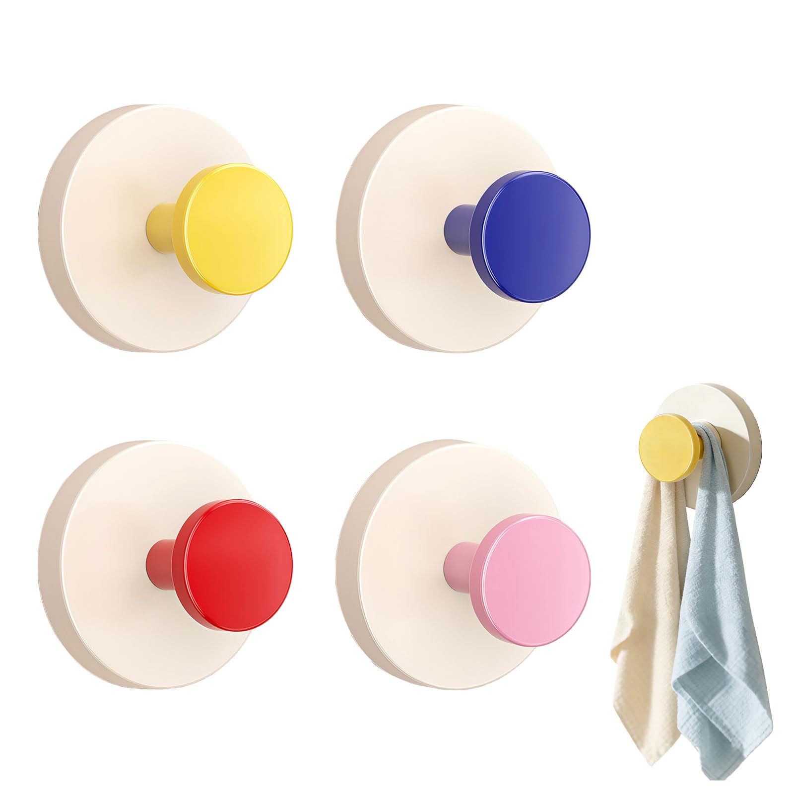 Coat Hooks Self Adhesive, Colourful Stick On Wall Hooks for Kids Room, No Drill Removable Hooks for Towel, Clothes, Backpack & Hat, Cute Children Wall Hooks for Nursery, Bathroom & Bedroom (4)