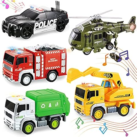 5 Pack Friction Powered Truck Toy Set(8 Inch) Including Garbage Truck, Construction Truck, Fire Truck, Police Car, Helicopter, All with 4D Stunning Light and Sound, Vehicles Toys for Boy Toddler Kid Cover