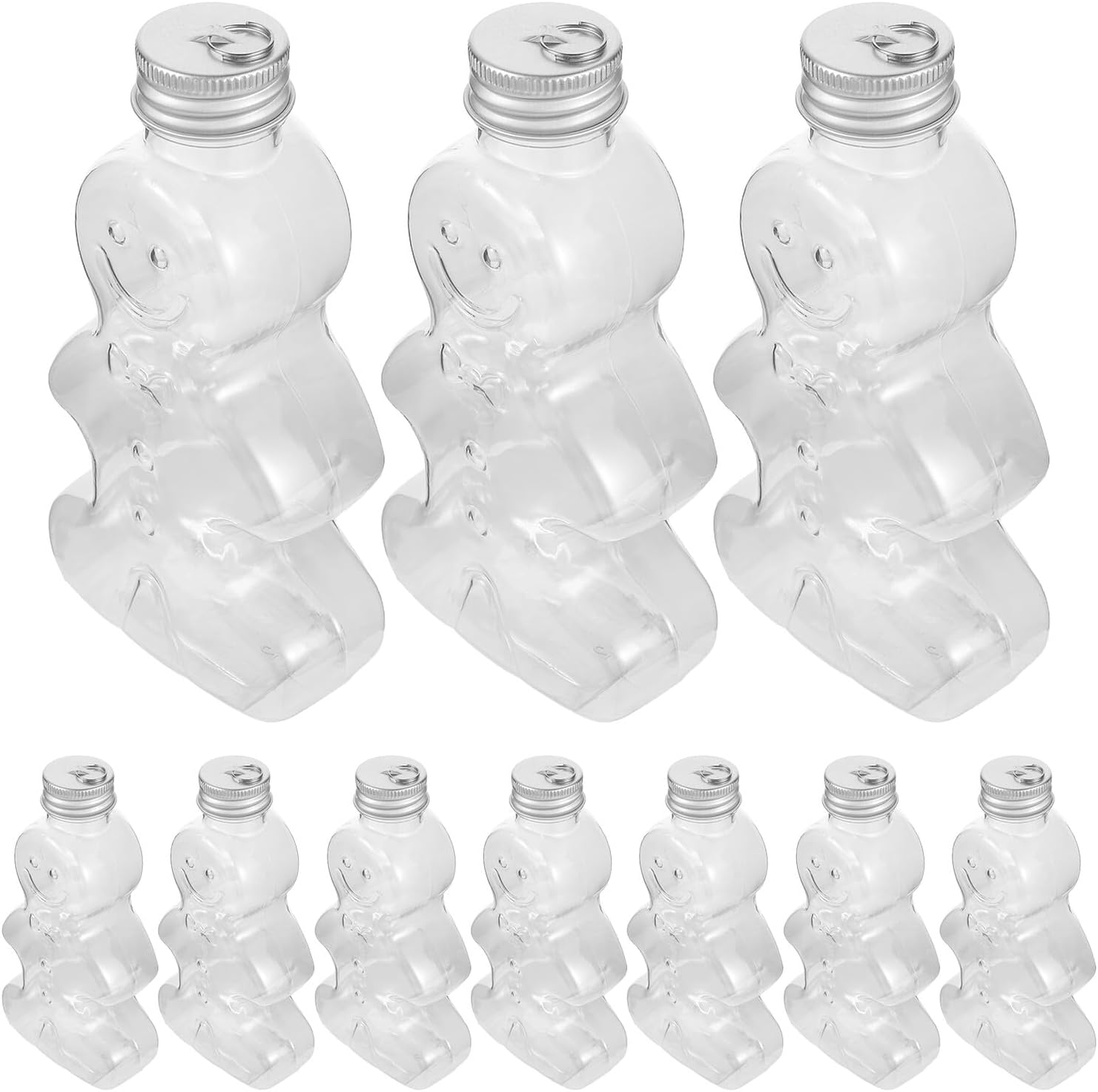 20pcs 200ml Christmas Candy Jars Gingerbread Man Plastic Bottles with Silver Cap Fillable Hanging Ornaments for Holiday Party Favors and Cold Drinks