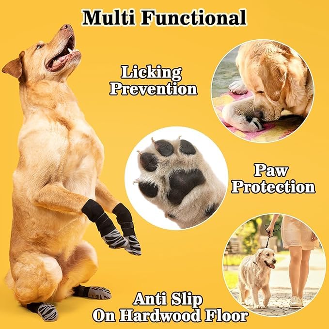 Image of KUTKUT 4Pcs Non-Slip Socks for Indoor Flooring to More Grip Dog Grip Socks of Senior Dogs Indoor Outdoor Adjustable Dog Paw Protectors for Injury Tiger Stripe (Size: M: L*W : 16 * 6cm)