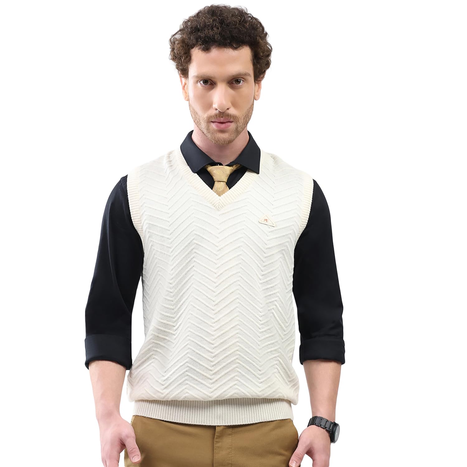 Men Sleeveless Sweater | V Neck Self Design Knitwear Vest | Regular Fit Pullover for Office & Casual Layering (Pack of 1)