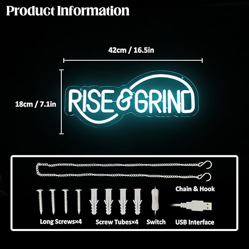 Miniatura 4 de Letrero de neón con texto en inglés "Rise & Grind" para decoración motivacional de pared, letra azul hielo, luz de neón, arte de pared inspirador