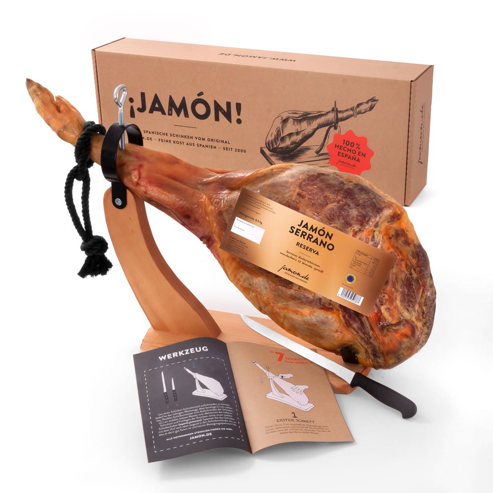 Jamon-Box Nr. 2 - Serrano-Schinken 6,5kg im Geschenk-Set mit Zubehör - 12 Monate gereifter Hinterschinken aus Spanien inklusive Schinkenständer, Schinkenmesser & Schneide-Anleitung von jamon.de