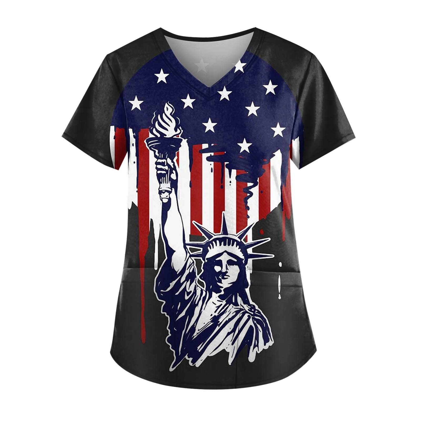 Independence Day Scrub Tops for Women American Flag Print Medical T-Shirts Stars Stripes Nursing Uniform