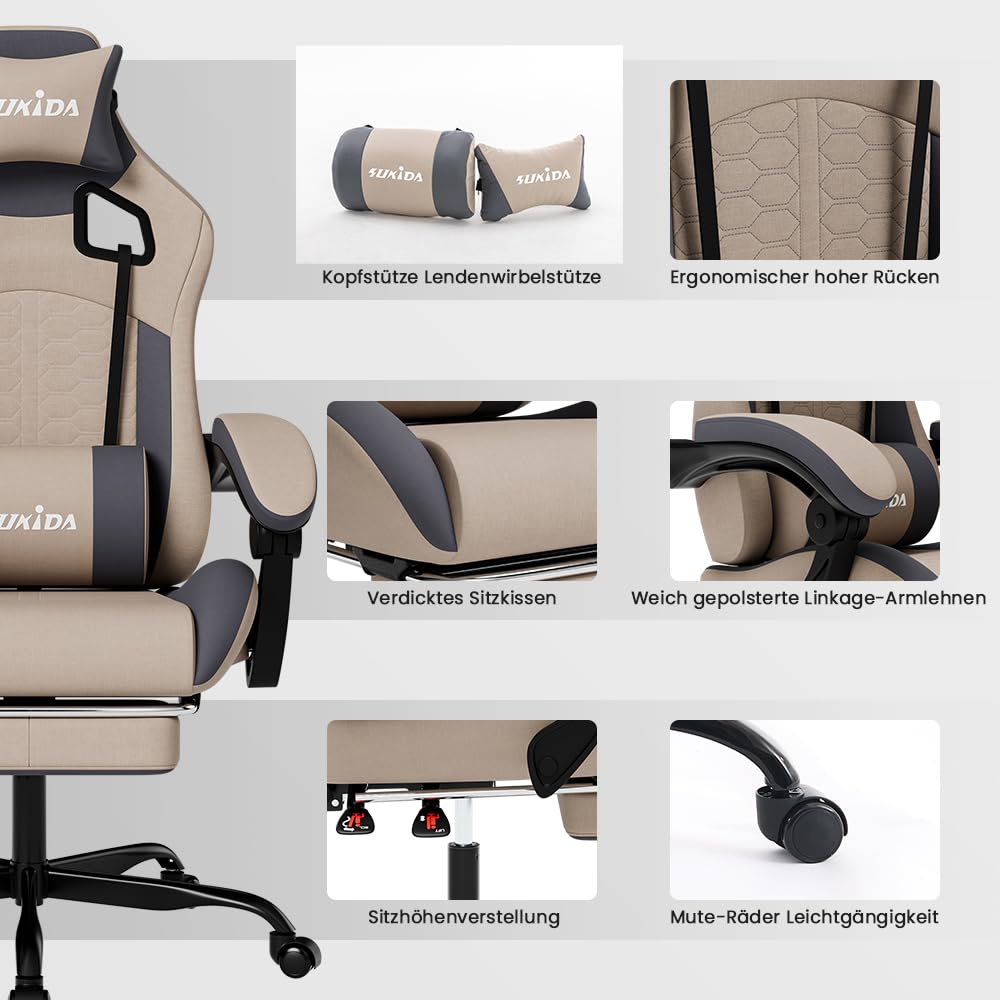 SUKIDA Sedia da gaming ergonomica da ufficio, in pelle PU, con poggiatesta, ergonomica, con supporto lombare fino a 150 kg