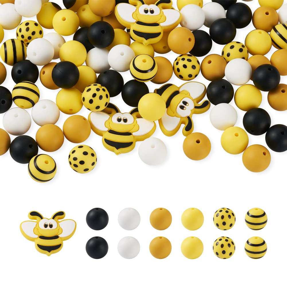 Boutigem 100pcs 15mm Silicone Beads Round Beads Set Bee Polka Dot & Stripe Pattern Silicone Beads Loose Rubber Spacers Charms for Keychain Lanyards Necklace Bracelet Pen DIY Jewelry Making