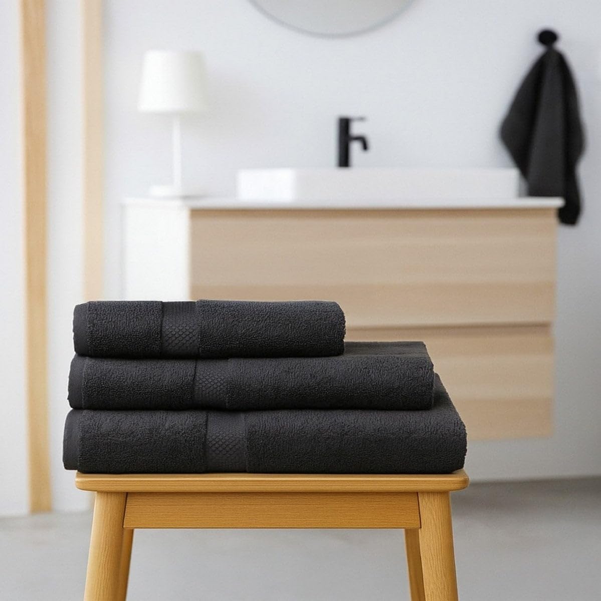 Juego de 6 Toallas de Ducha Grandes Negro 100% algodón Rizo 150x100 cm | Tejido suave de gran gramaje con alta absorción. Aptas para lavadora, de uso diario.