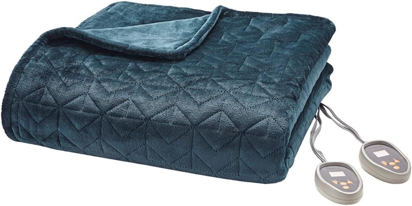 Beautyrest Plush Heated Blanket Pinsonic Quilt, folded, with two controllers