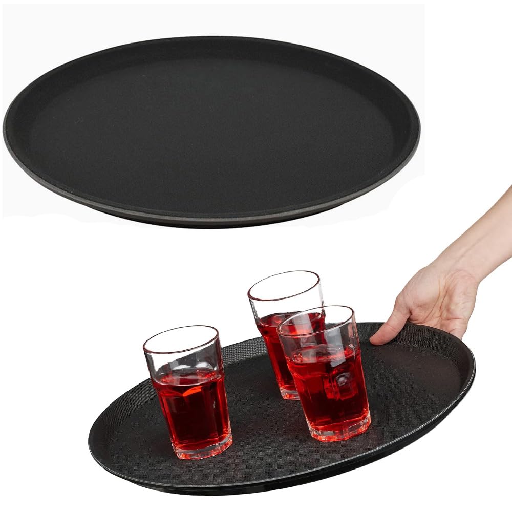 Paluplus 2 Vassoi Tondi da Portata Antiscivolo di colore NERO, Diametro 35,5 cm e Altezza 2 cm, Vassoio Impilabile e Infrangibile con Rivestimento Gommato, per Bar, Ristoranti, Fai da te -6886F