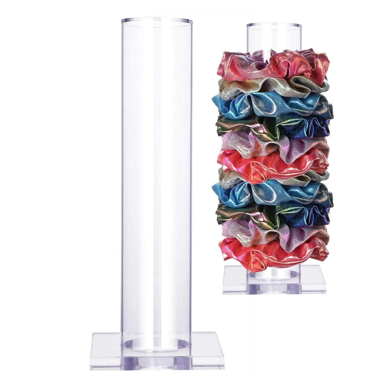 Fanassyy Acrylic Scrunchie Holder Stand Clear Jewelry Organizer Jewelry Bracelet Watch Display Stand T-bar Hairband Rack Holder Organizer Tower Hair Scrunchy Holder (Square Base)