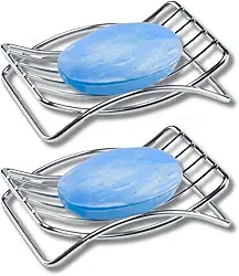 2 Saboneteiras de Pia em Aço inox Cromado Resistente | Design Moderno, Antiferrugem, com Grades que Evitam Acúmulo de Água | Ideal para Banheiro e Cozinha Design Peixe, 12,8 x 9,5cm