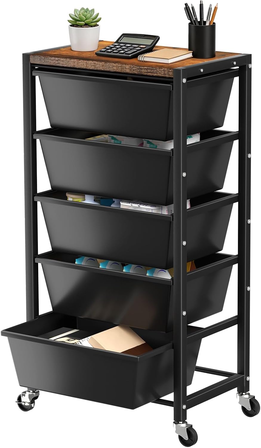 Rolling Cart with 5 Drawers, Plastic Drawer Storage Carts with Wheels & Wooden Tabletop, Metal Utility Cart for Office Bedroom Living Room Classroom, Craft Organization and Storage, Dark Black