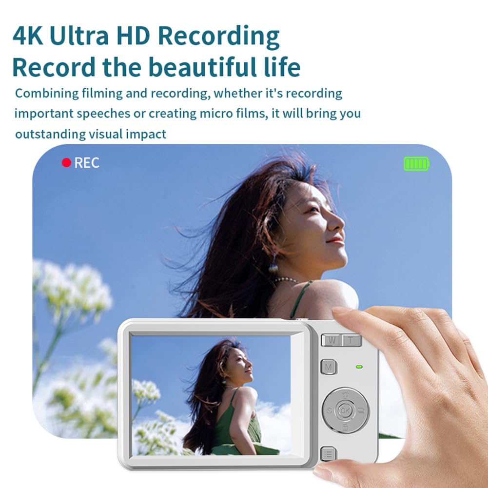 Przenośna kamera cyfrowa 4K, 64 MP, 16-krotny zoom, stabilizacja obrazu, typ C, przenośna kamera fotograficzna do vlogowania, dla dzieci, nastolatków (biały + 32G)